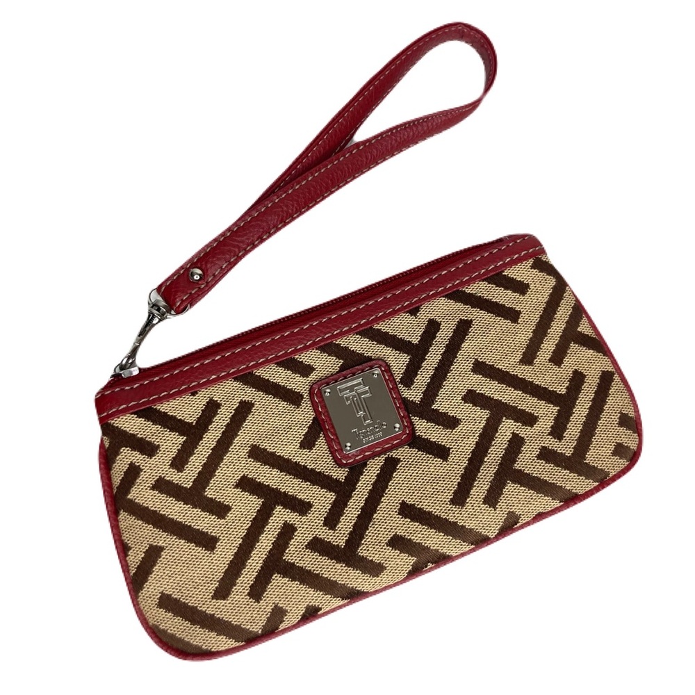 Tignanello Signature Jacquard Woven Fabric Red Leather Trimmed Wristlet 8” EUC
